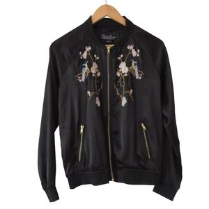 Lucky Brand Black Satin Bomber Jacket Small Embroidered Floral Bird Boho Pockets